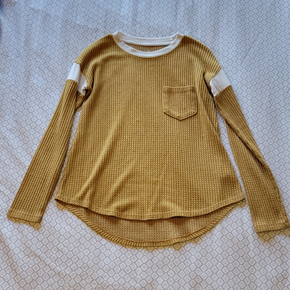 XS, yellow sweater top w/ white arm bands and collar